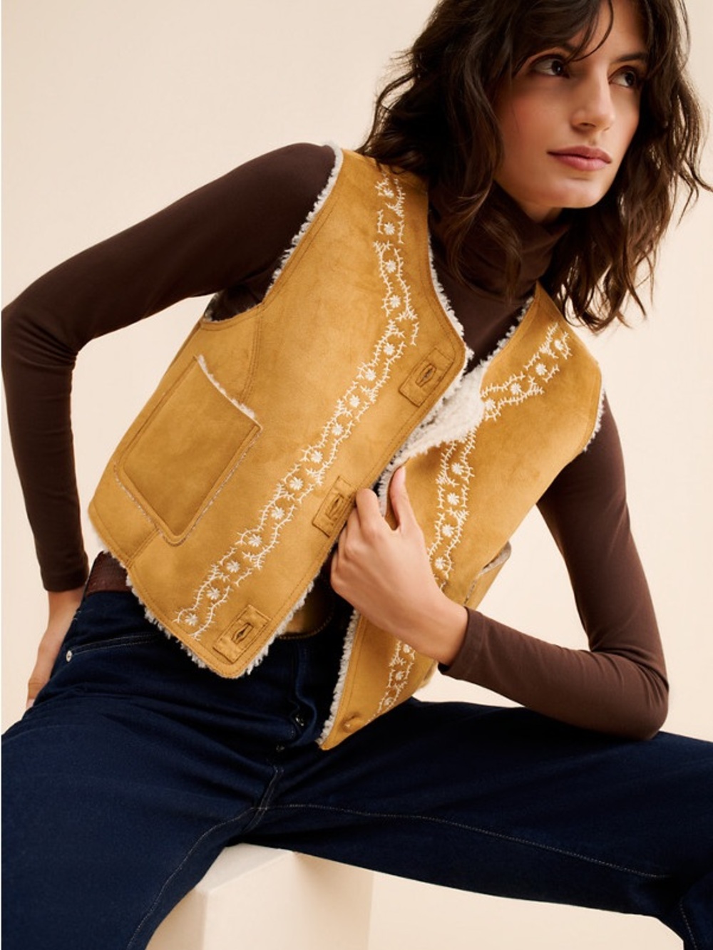 Free People Mustard Suede Embroidered Shearling Vest